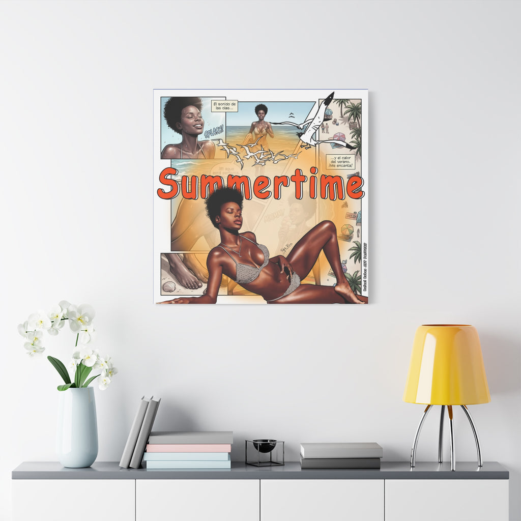 Summertime Beach Art Canvas - Retro Comic Afrocentric Pinup Wall Decor