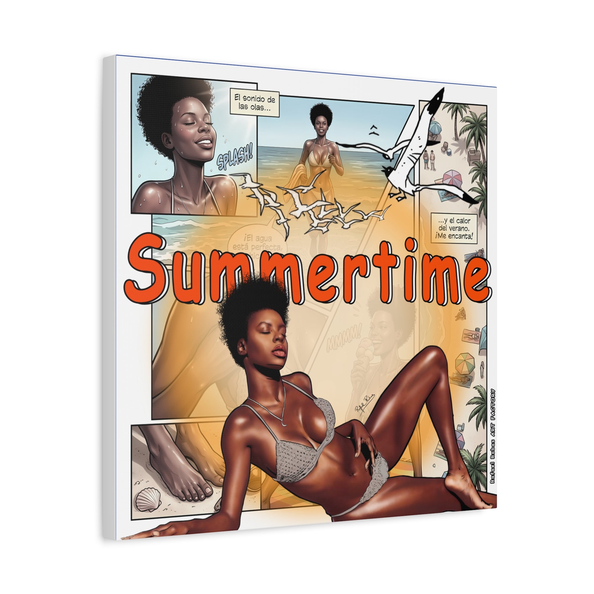 Summertime Beach Art Canvas - Retro Comic Afrocentric Pinup Wall Decor