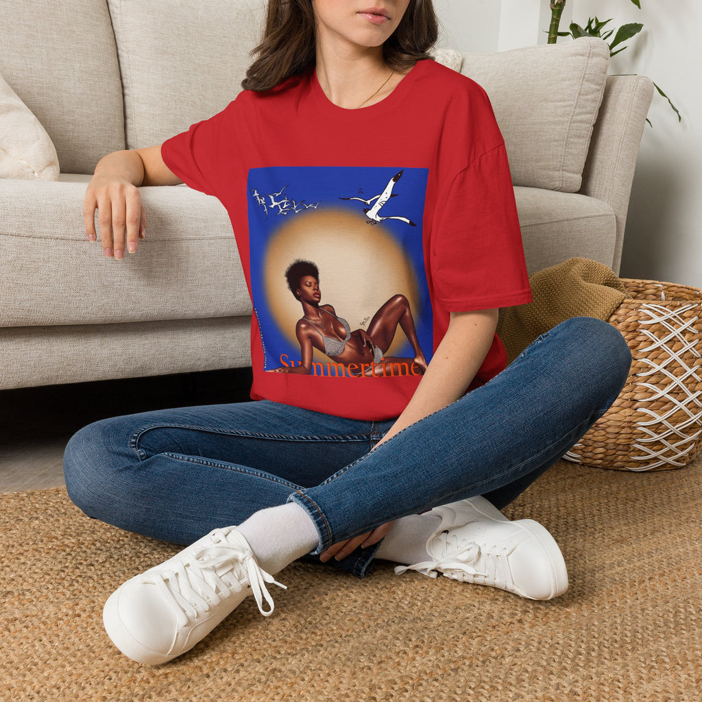 Graphic T-Shirt — Vintage Sun & Seagulls Beach Art (includes text)