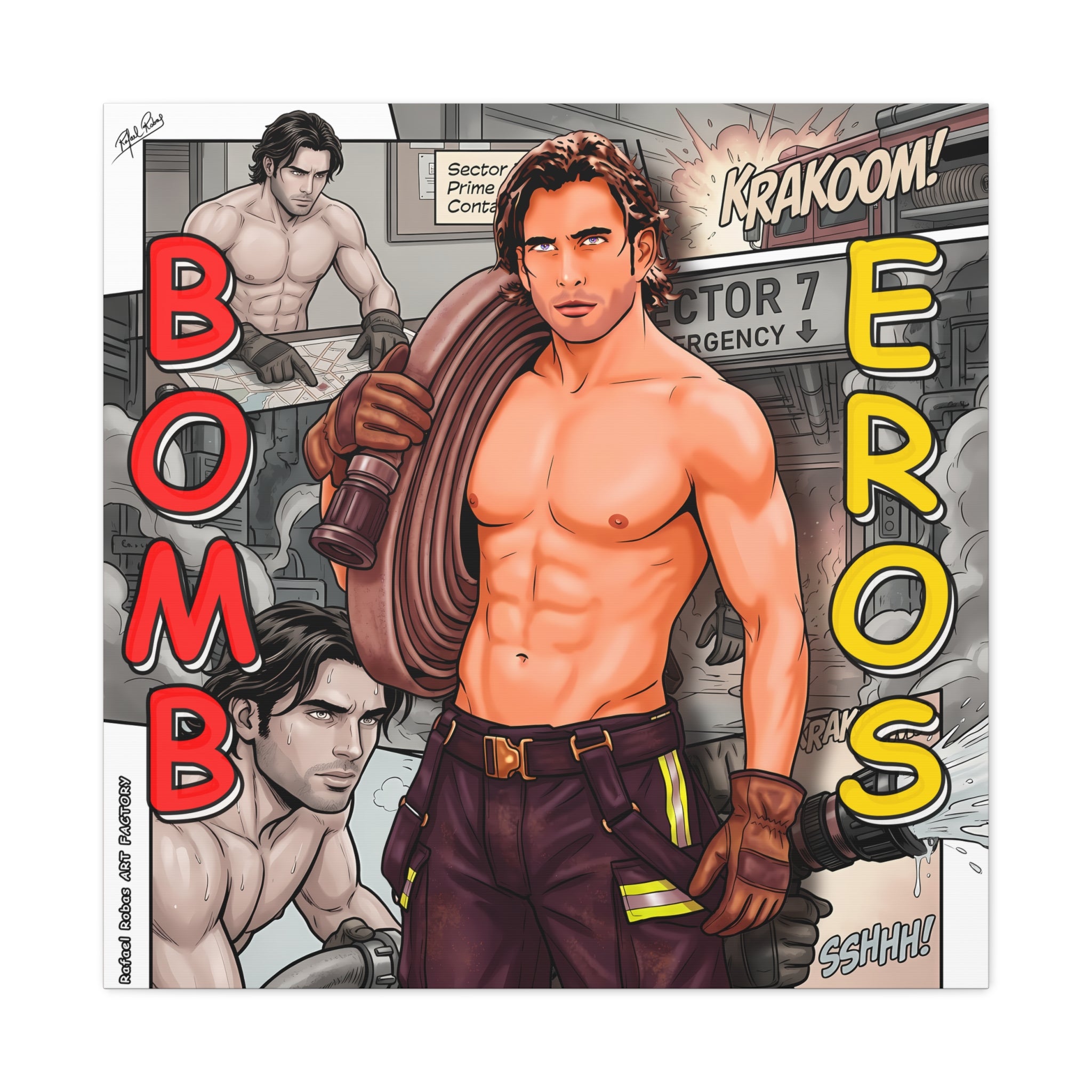 Bomb Eros Firefighter Canvas Art — Comic-Style Shirtless Hero Wall Decor