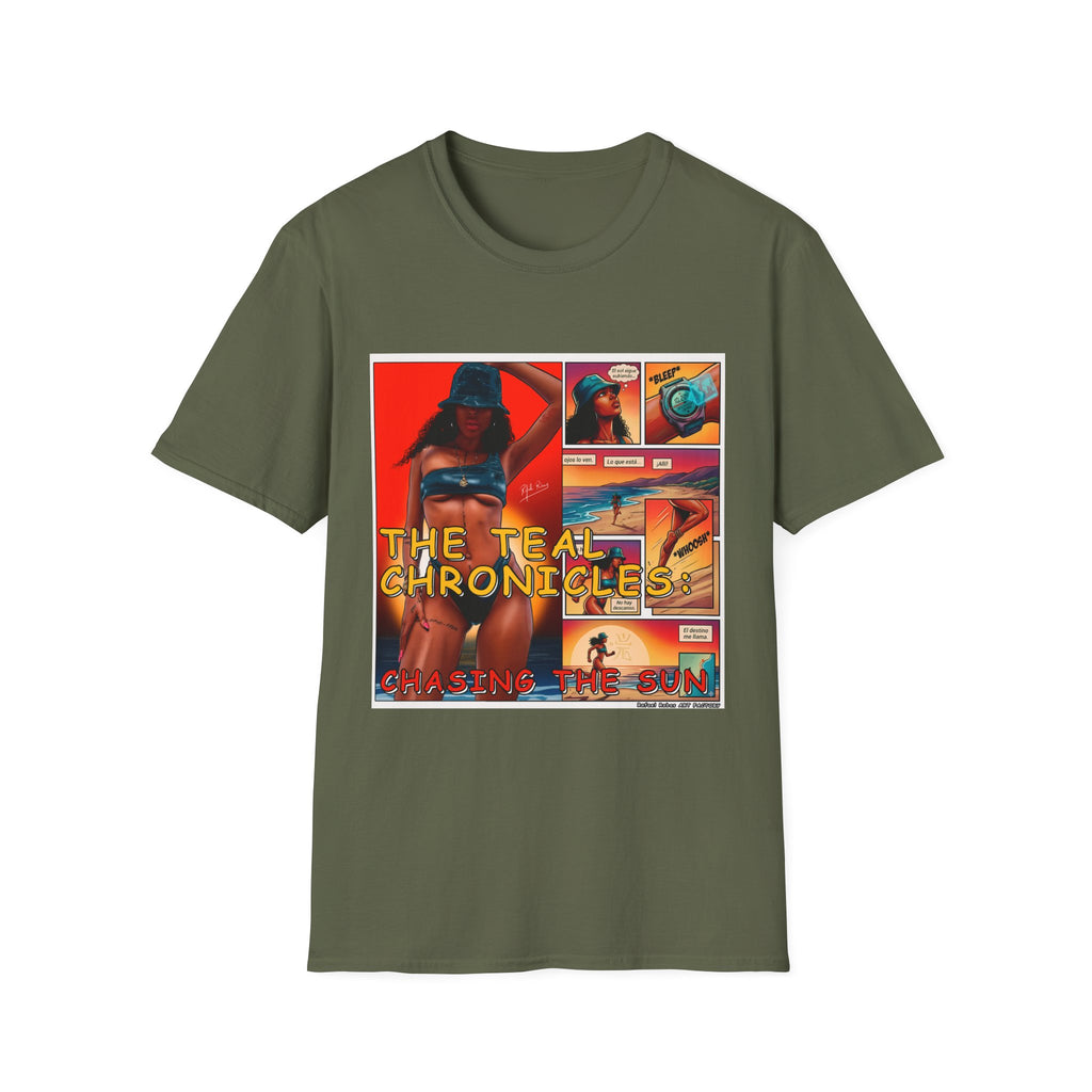 Graphic T-Shirt — "The Teal Chronicles" Retro Comic Surf Art