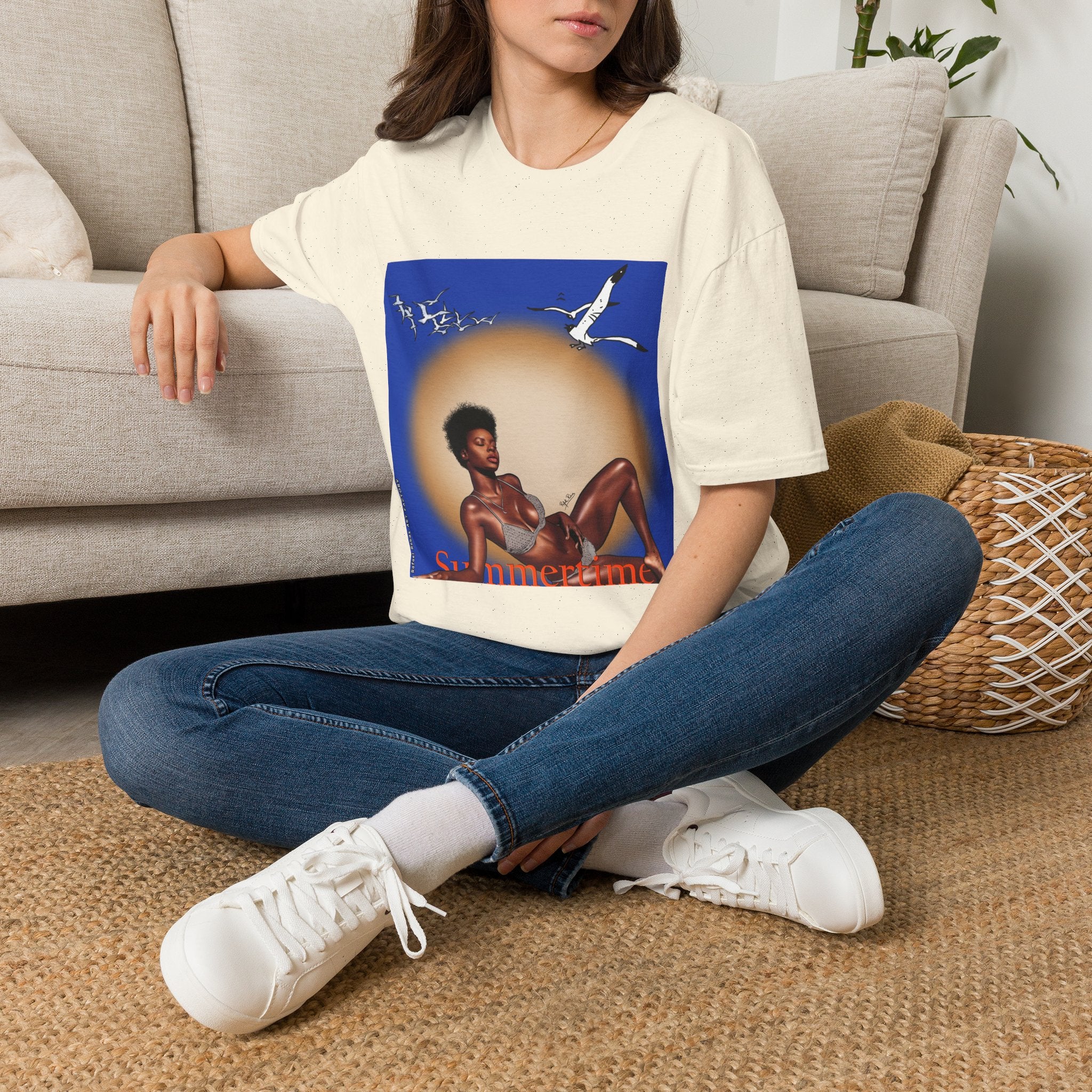 Graphic T-Shirt — Vintage Sun & Seagulls Beach Art (includes text)