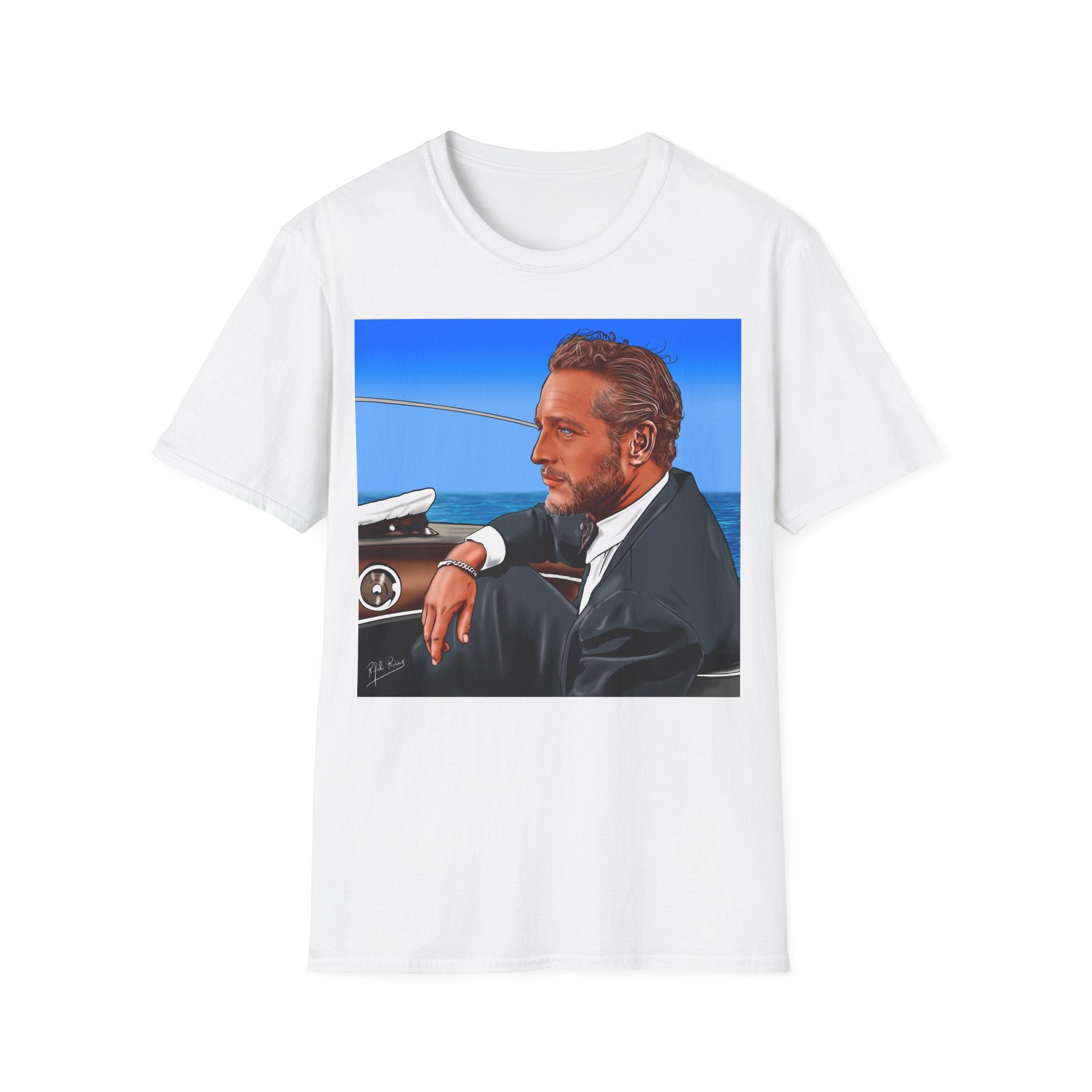 Classic Convertible Portrait T‑Shirt — Retro Gentleman Driving Design