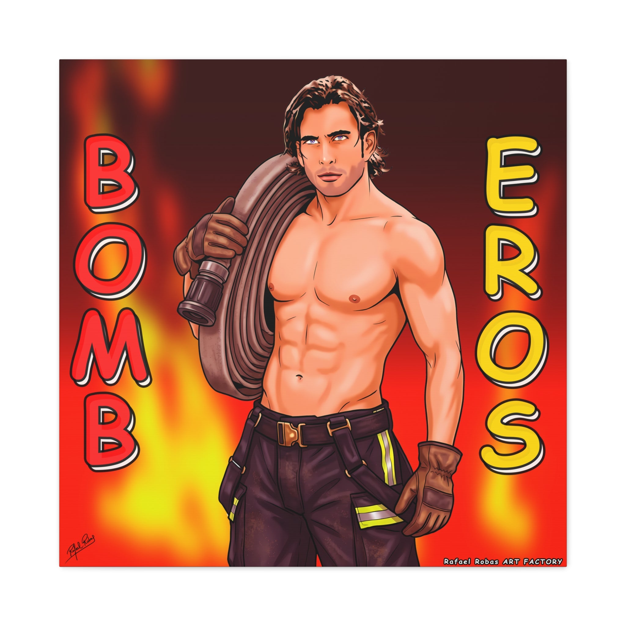 Firefighter Pinup Canvas Print — "Bomb Eros" Matte Stretched Wall Art