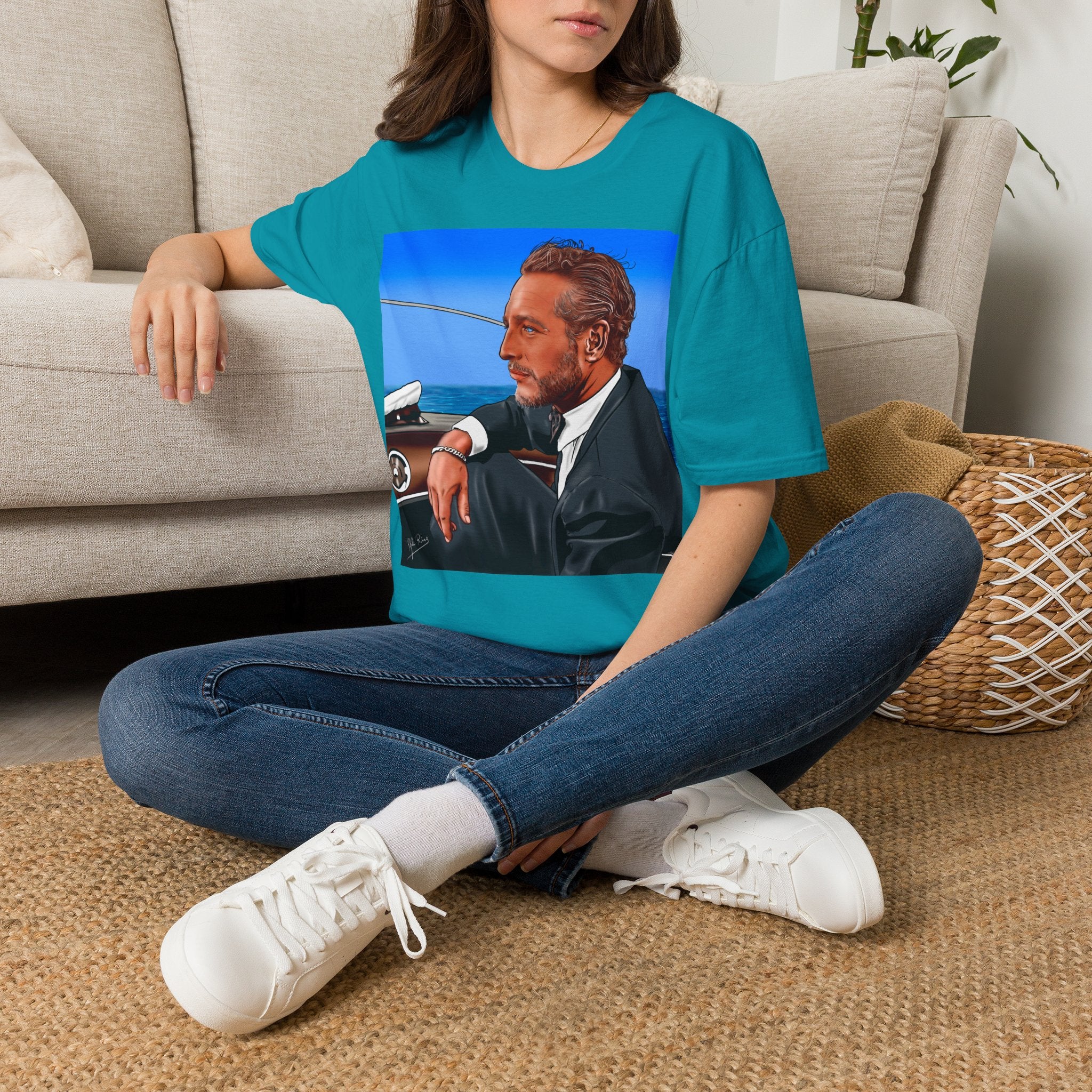 Classic Convertible Portrait T‑Shirt — Retro Gentleman Driving Design