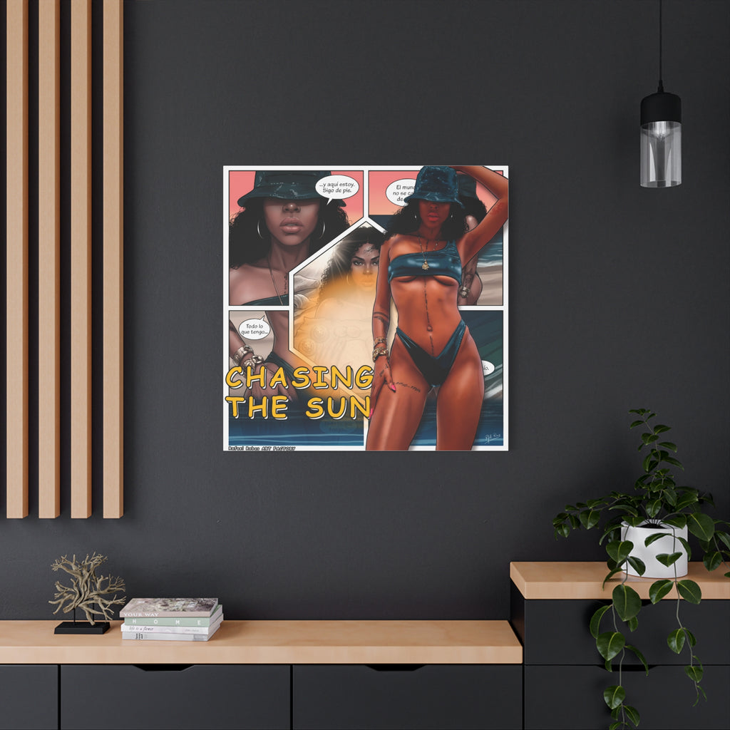 Chasing the Sun Canvas Art — Tropical Pinup Comic Print