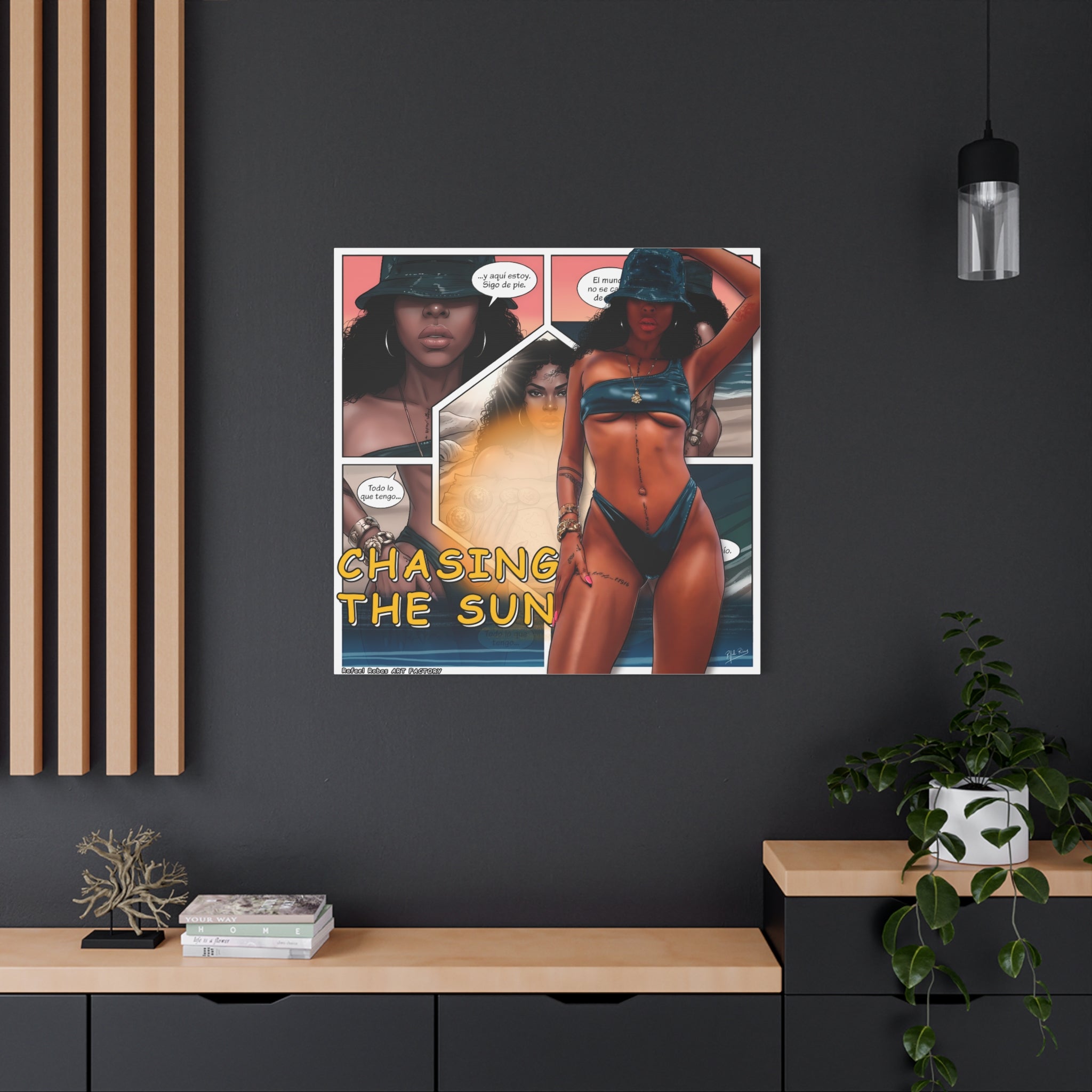 Chasing the Sun Canvas Art — Tropical Pinup Comic Print