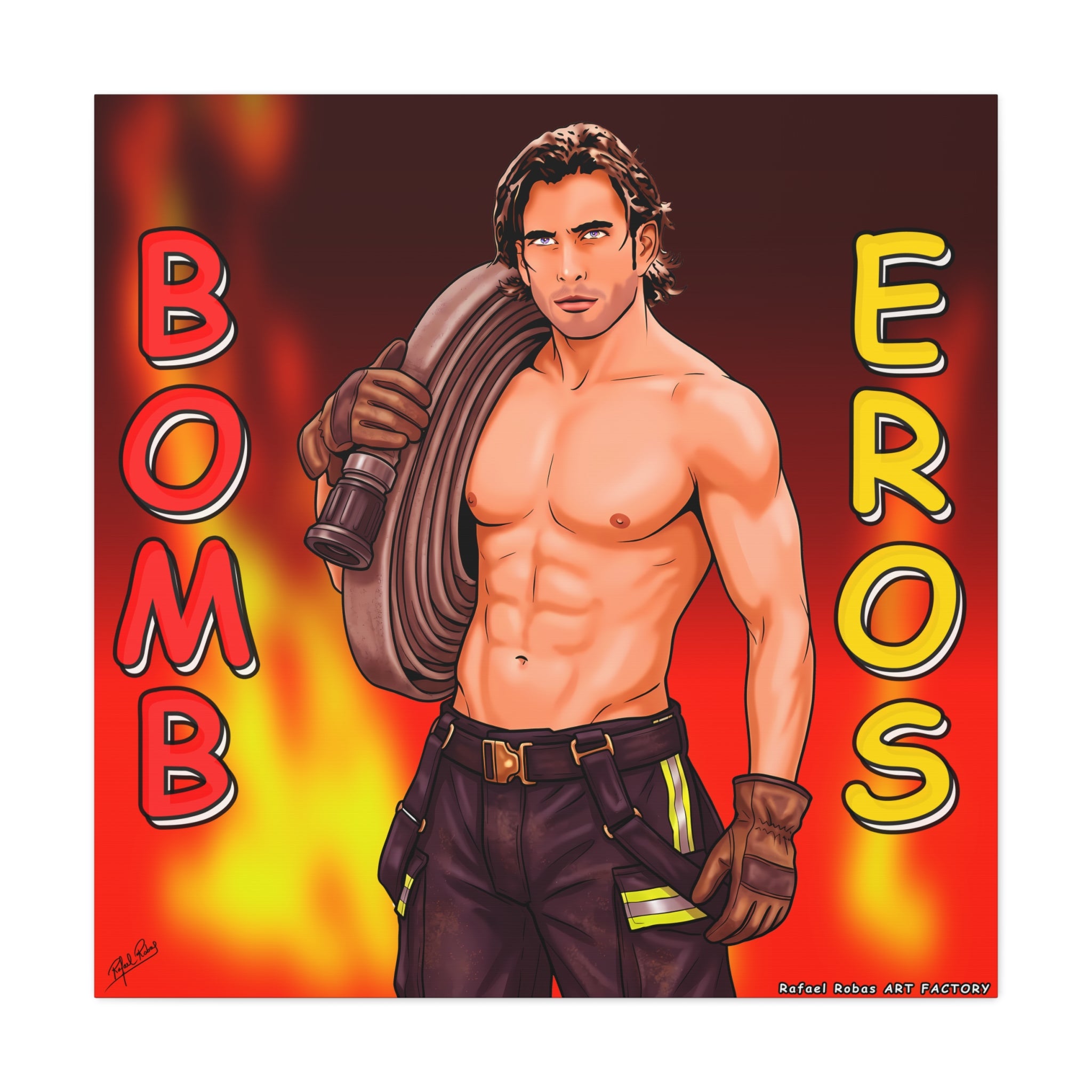 Firefighter Pinup Canvas Print — "Bomb Eros" Matte Stretched Wall Art