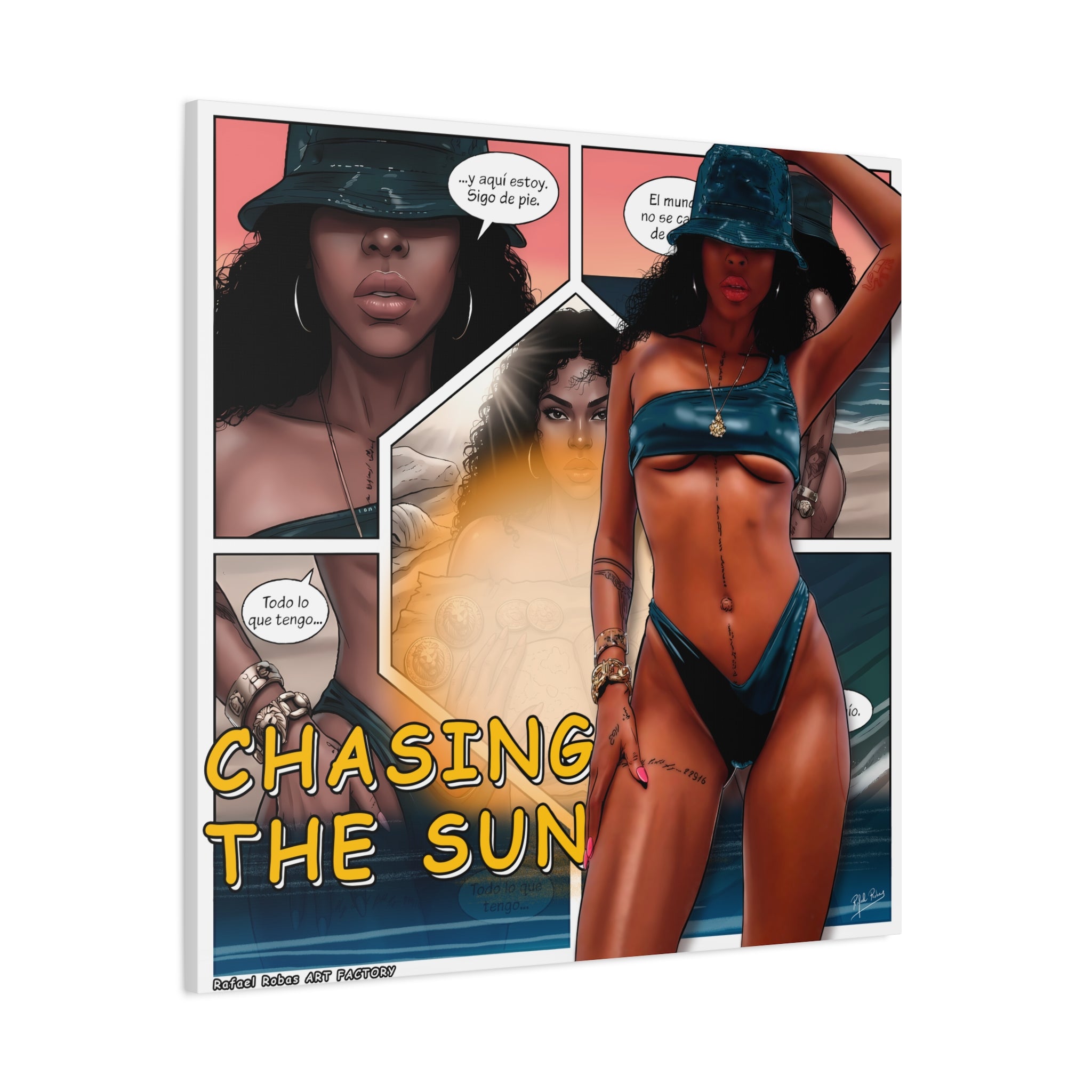 Chasing the Sun Canvas Art — Tropical Pinup Comic Print