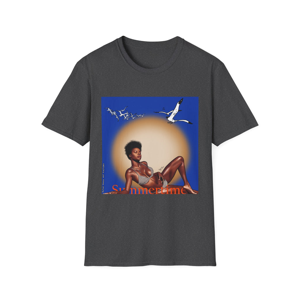 Graphic T-Shirt — Vintage Sun & Seagulls Beach Art (includes text)