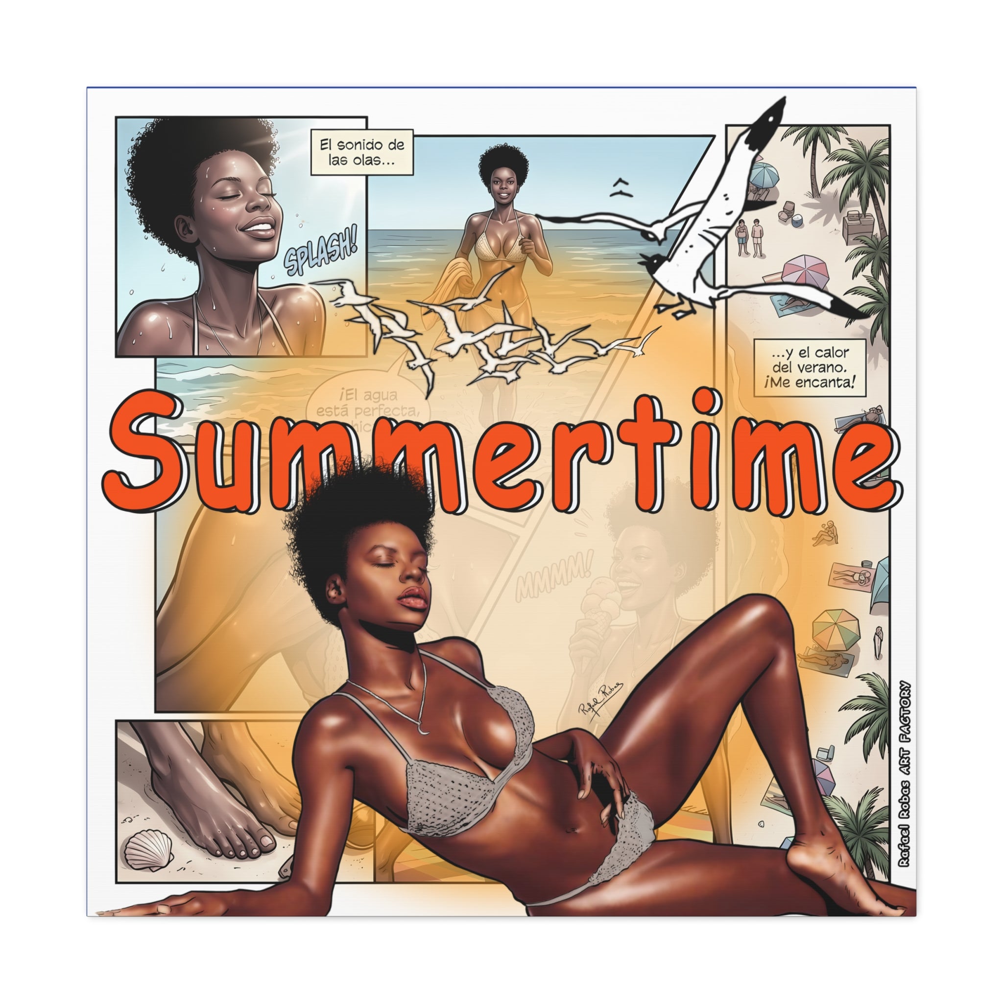 Summertime Beach Art Canvas - Retro Comic Afrocentric Pinup Wall Decor