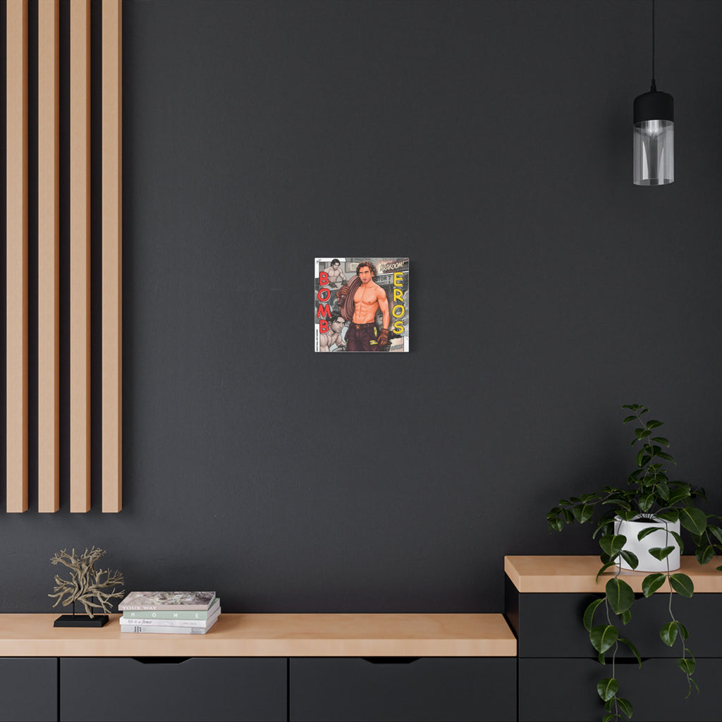 Bomb Eros Firefighter Canvas Art — Comic-Style Shirtless Hero Wall Decor