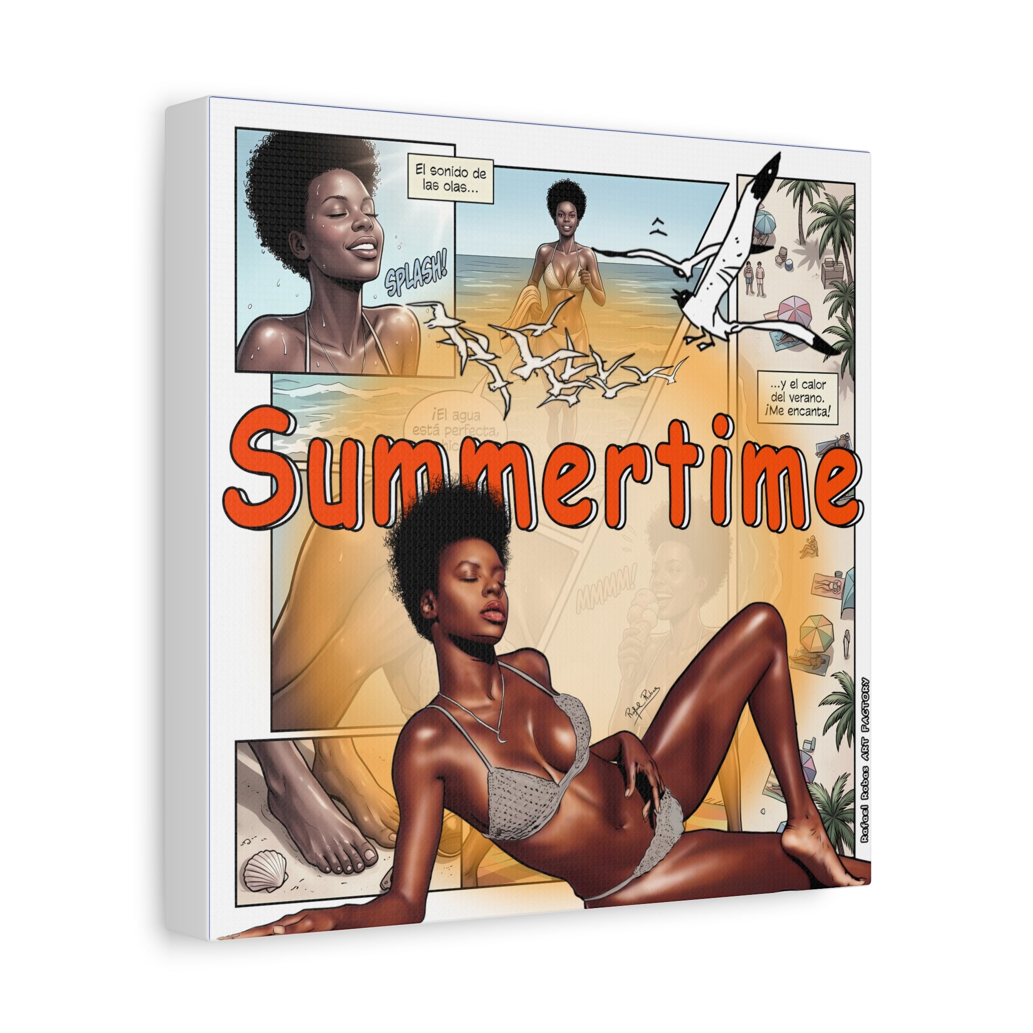 Summertime Beach Art Canvas - Retro Comic Afrocentric Pinup Wall Decor