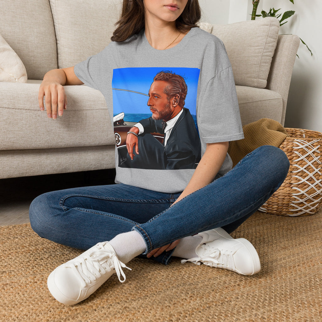 Classic Convertible Portrait T‑Shirt — Retro Gentleman Driving Design