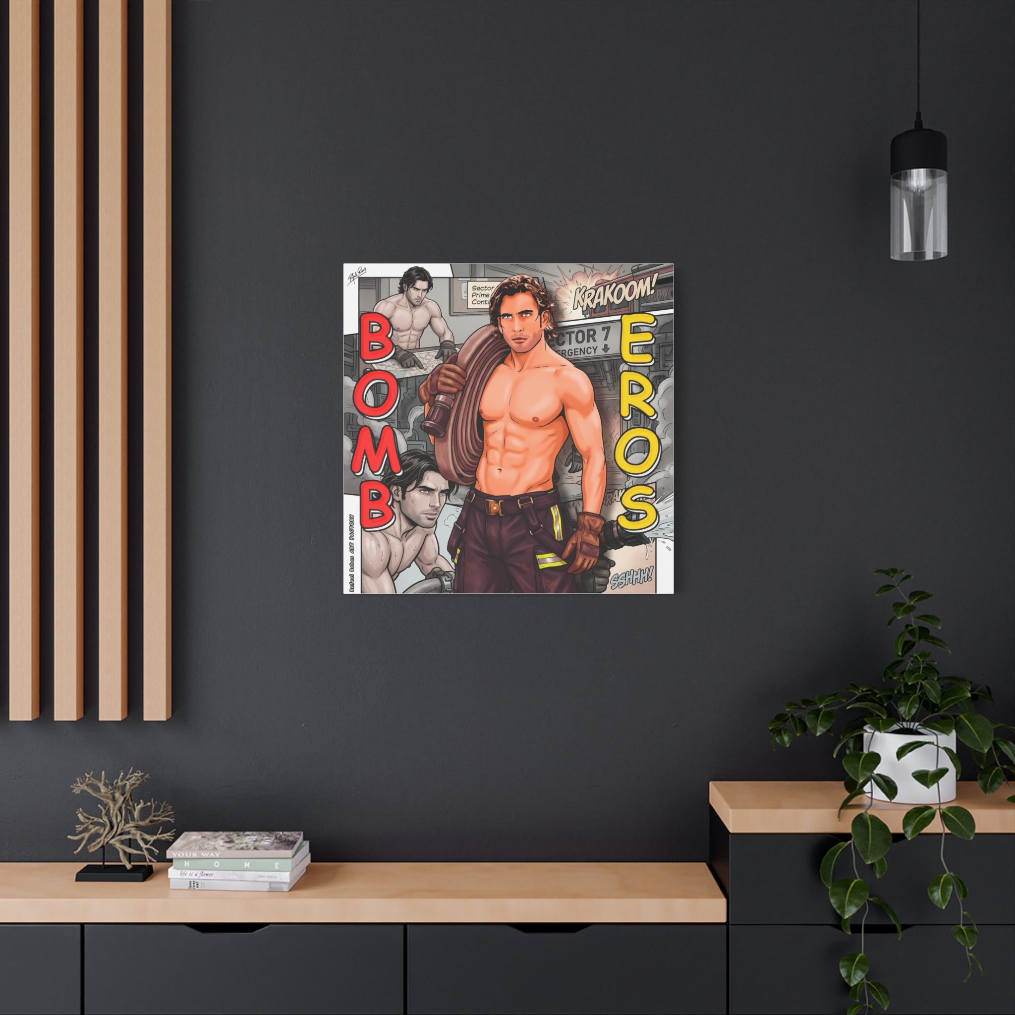 Bomb Eros Firefighter Canvas Art — Comic-Style Shirtless Hero Wall Decor