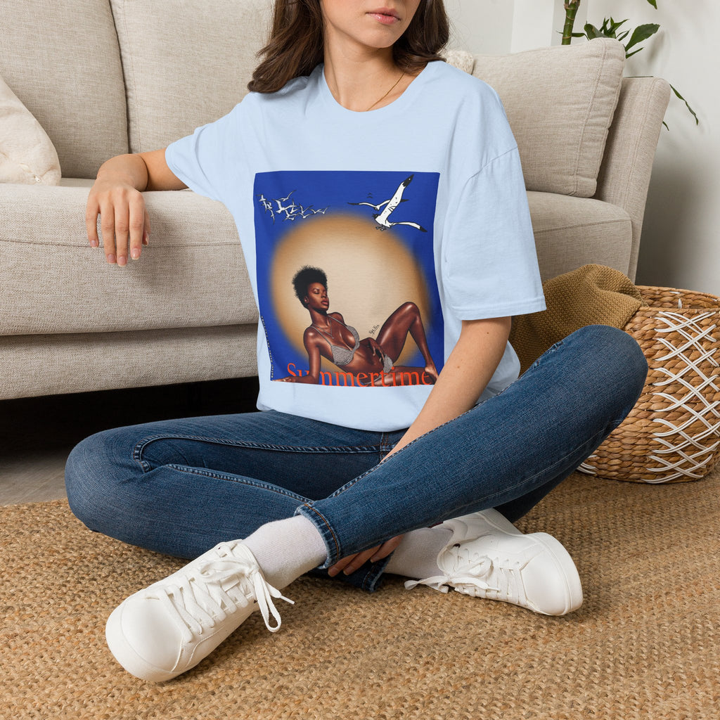 Graphic T-Shirt — Vintage Sun & Seagulls Beach Art (includes text)