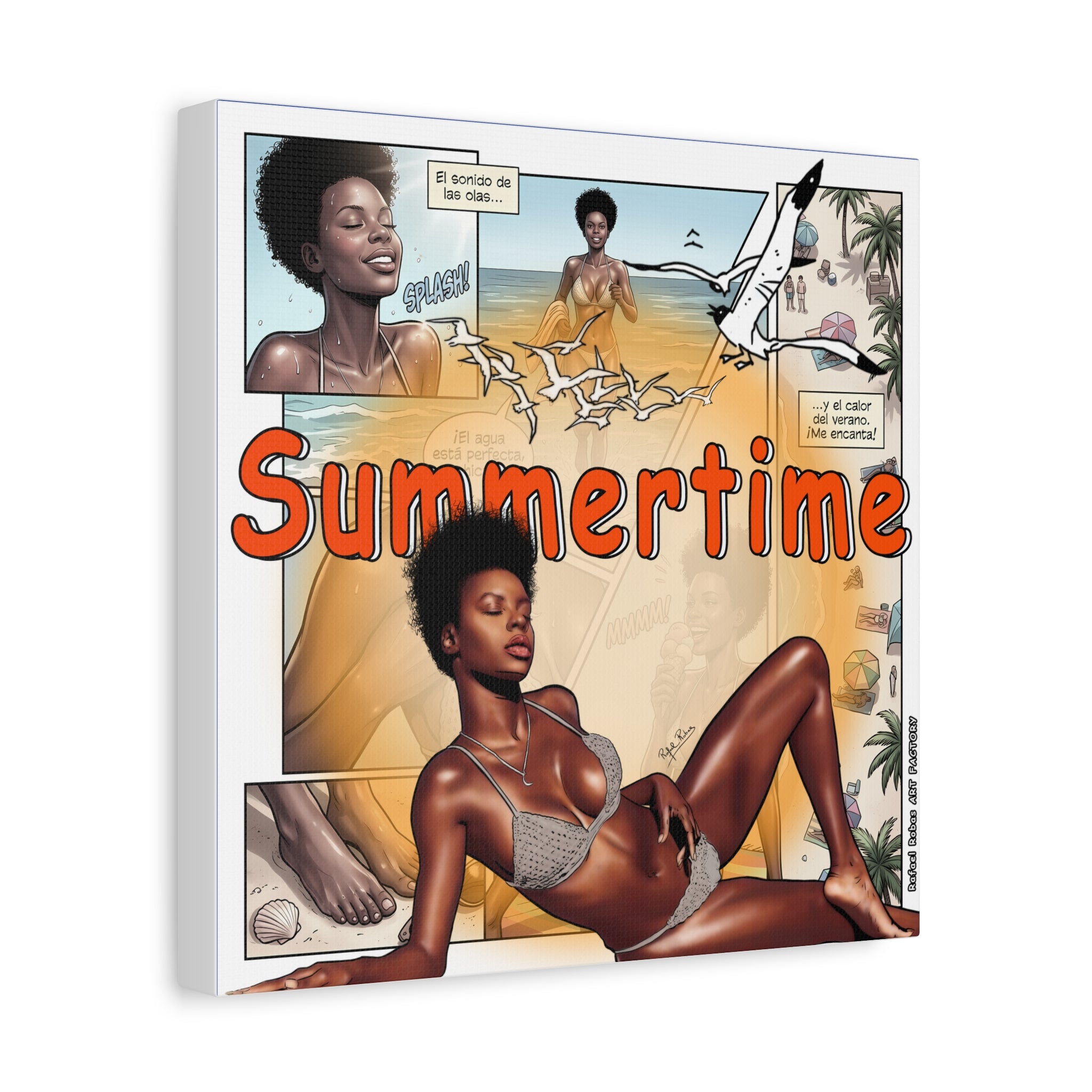 Summertime Beach Art Canvas - Retro Comic Afrocentric Pinup Wall Decor