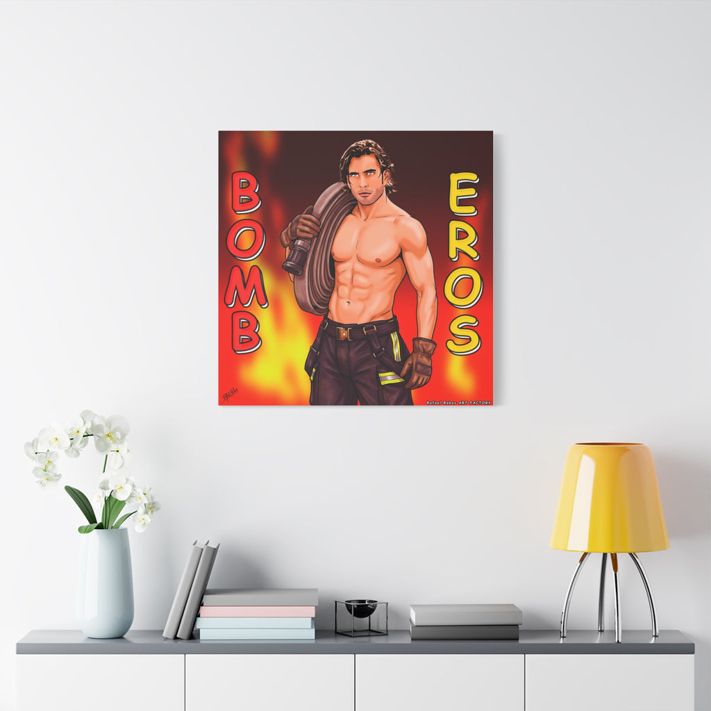 Firefighter Pinup Canvas Print — "Bomb Eros" Matte Stretched Wall Art