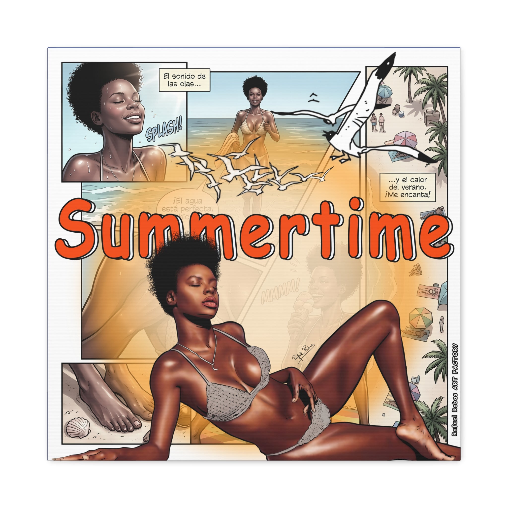 Summertime Beach Art Canvas - Retro Comic Afrocentric Pinup Wall Decor