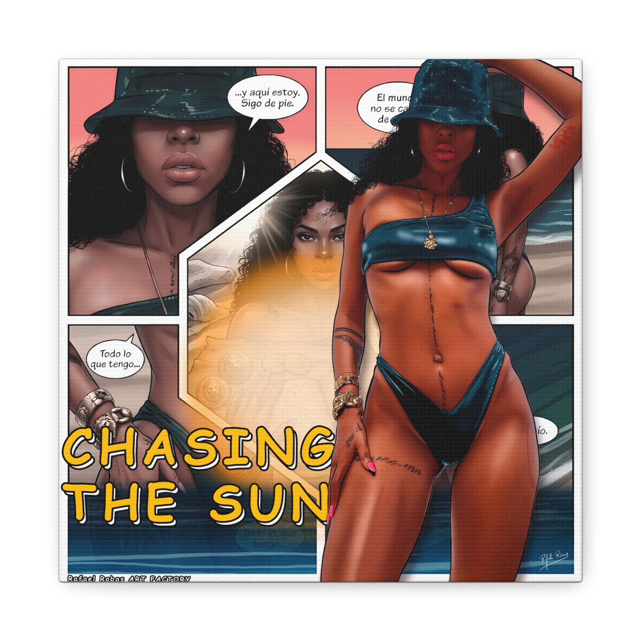 Chasing the Sun Canvas Art — Tropical Pinup Comic Print