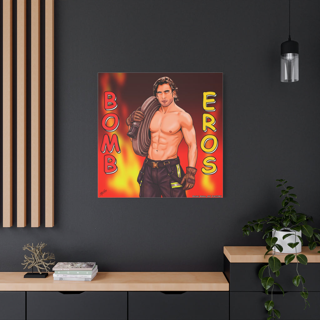 Firefighter Pinup Canvas Print — "Bomb Eros" Matte Stretched Wall Art