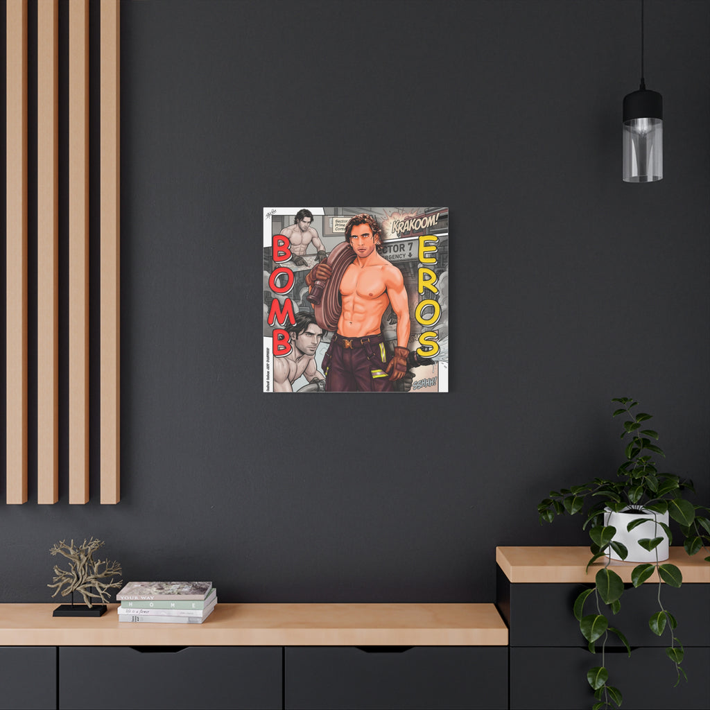 Bomb Eros Firefighter Canvas Art — Comic-Style Shirtless Hero Wall Decor