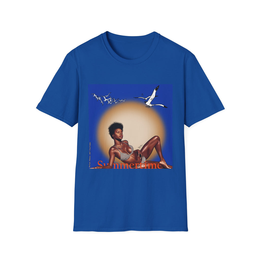 Graphic T-Shirt — Vintage Sun & Seagulls Beach Art (includes text)