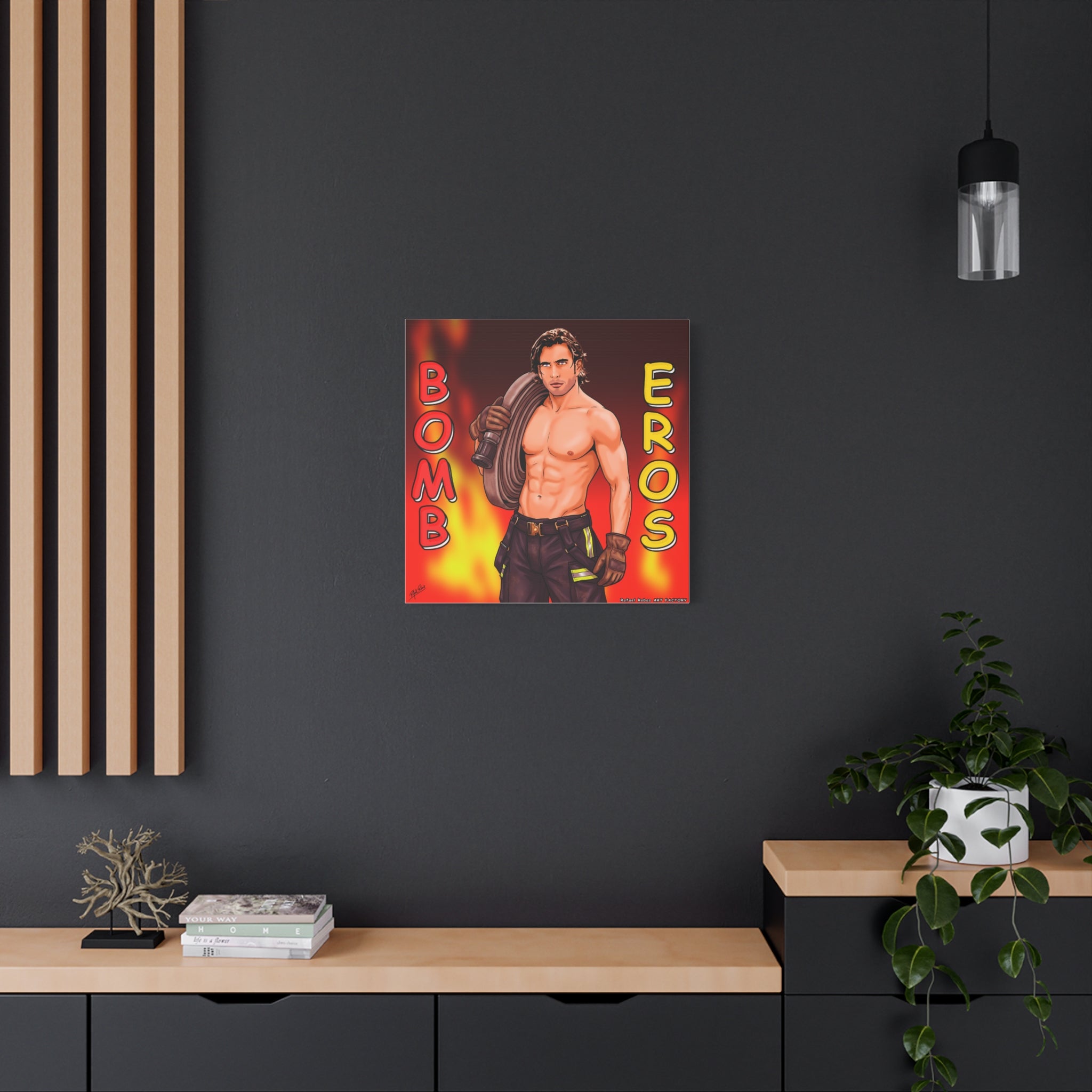 Firefighter Pinup Canvas Print — "Bomb Eros" Matte Stretched Wall Art