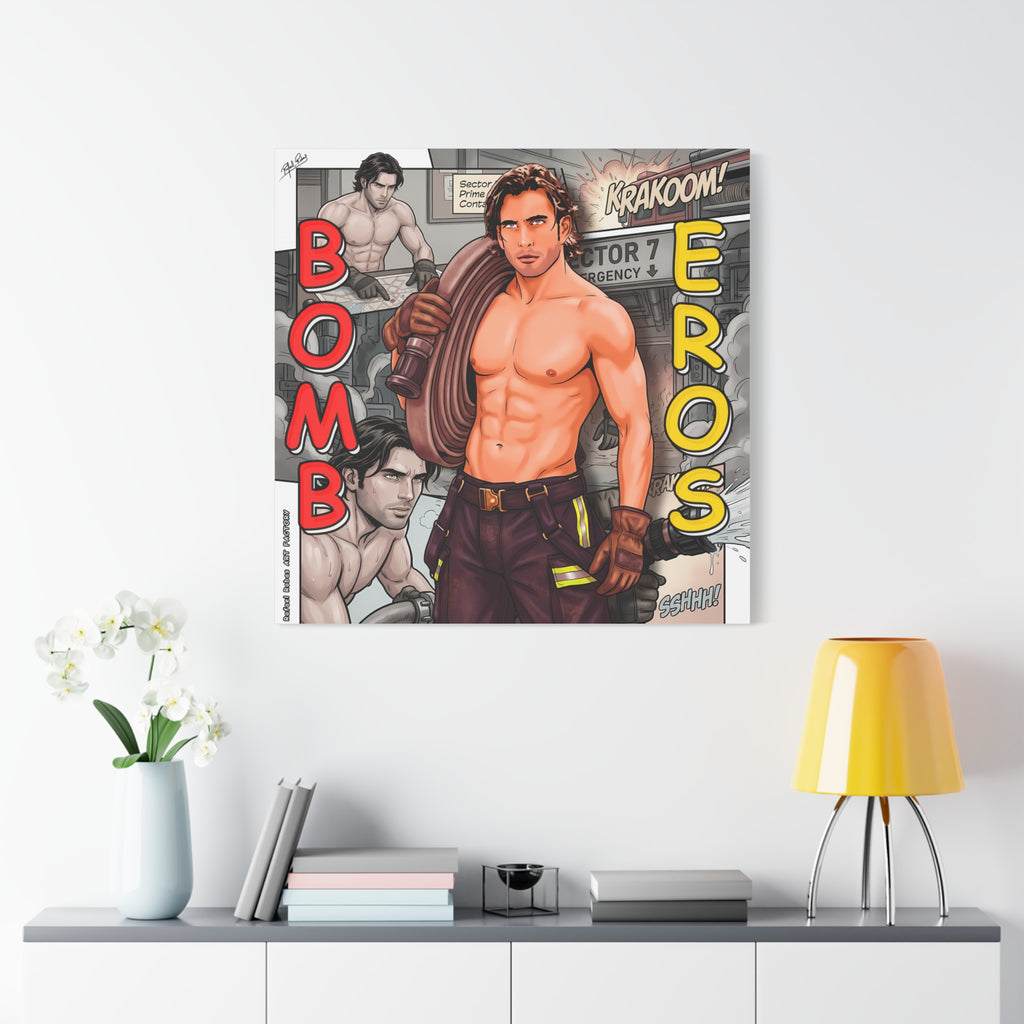 Bomb Eros Firefighter Canvas Art — Comic-Style Shirtless Hero Wall Decor