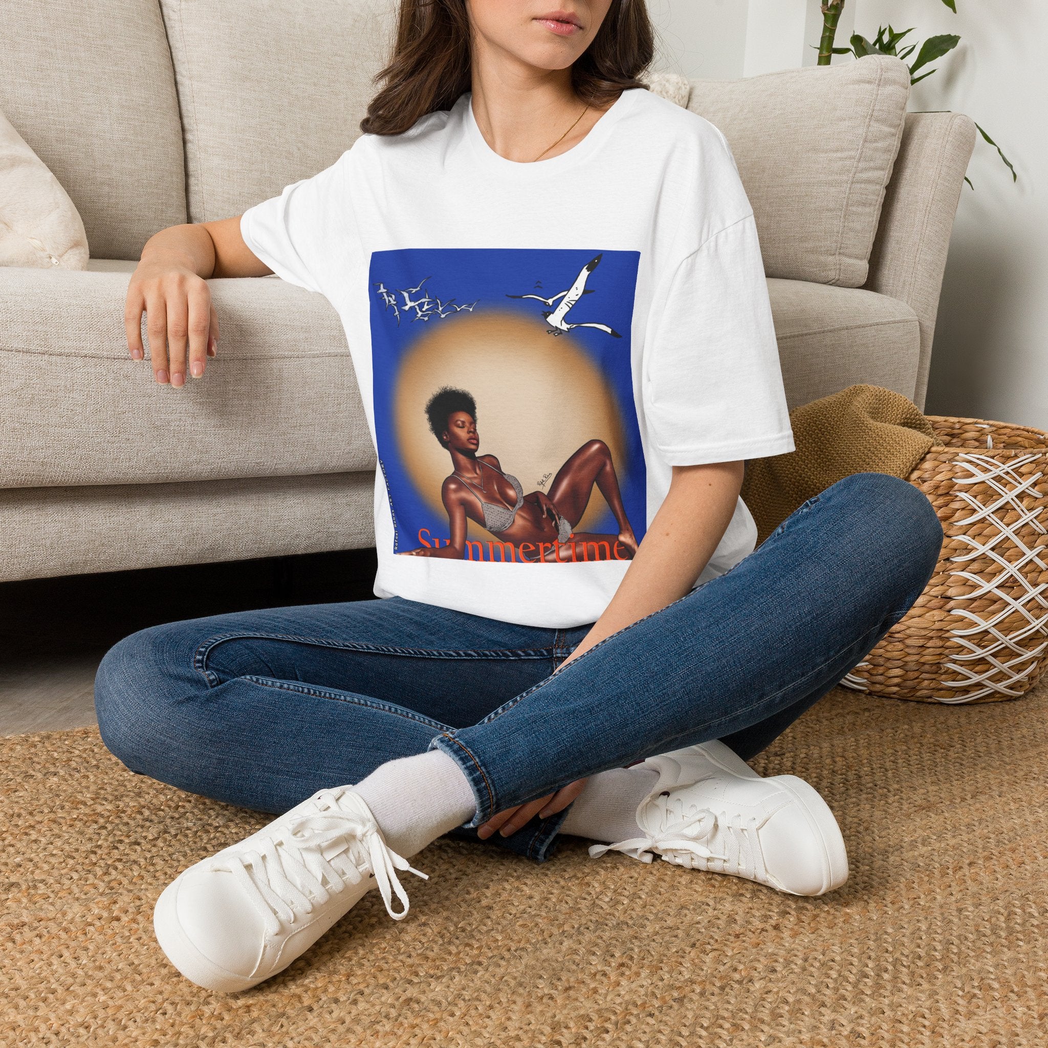 Graphic T-Shirt — Vintage Sun & Seagulls Beach Art (includes text)