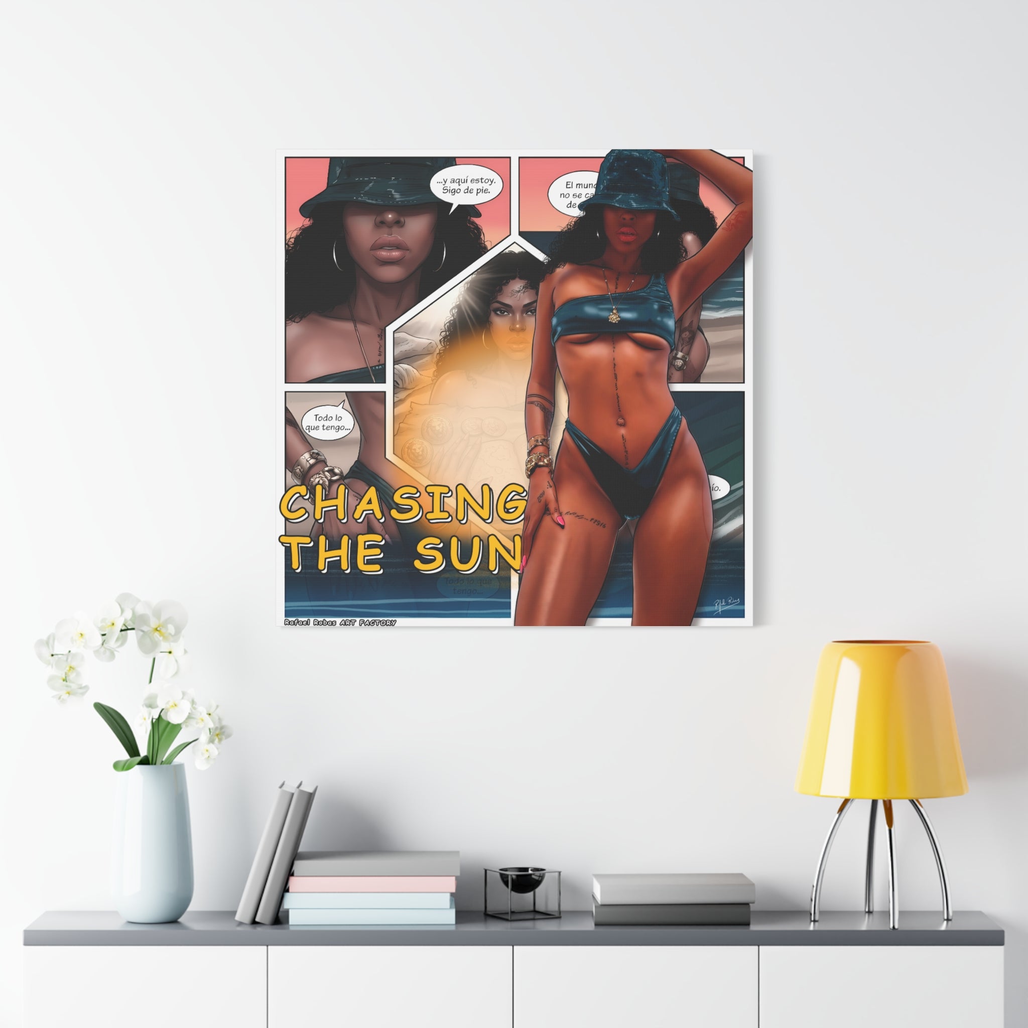 Chasing the Sun Canvas Art — Tropical Pinup Comic Print