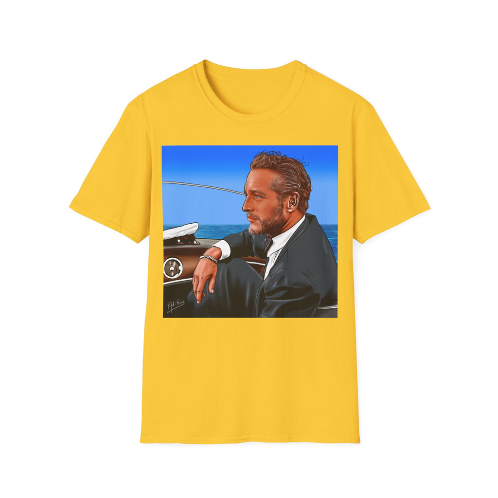 Classic Convertible Portrait T‑Shirt — Retro Gentleman Driving Design