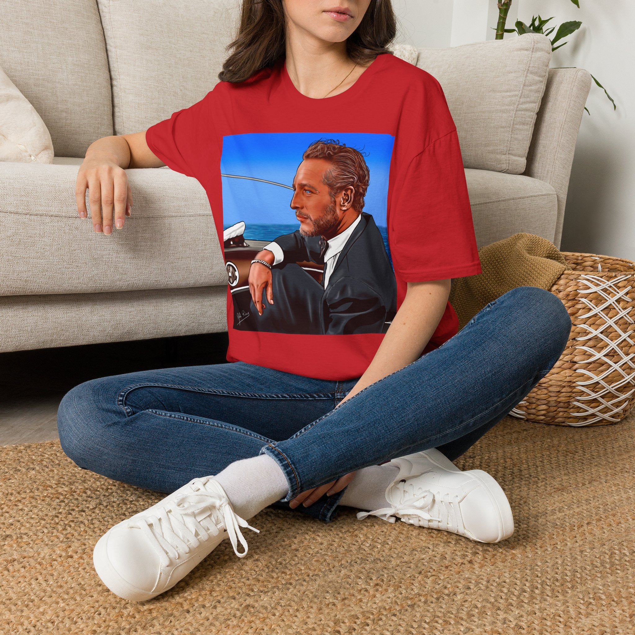 Classic Convertible Portrait T‑Shirt — Retro Gentleman Driving Design