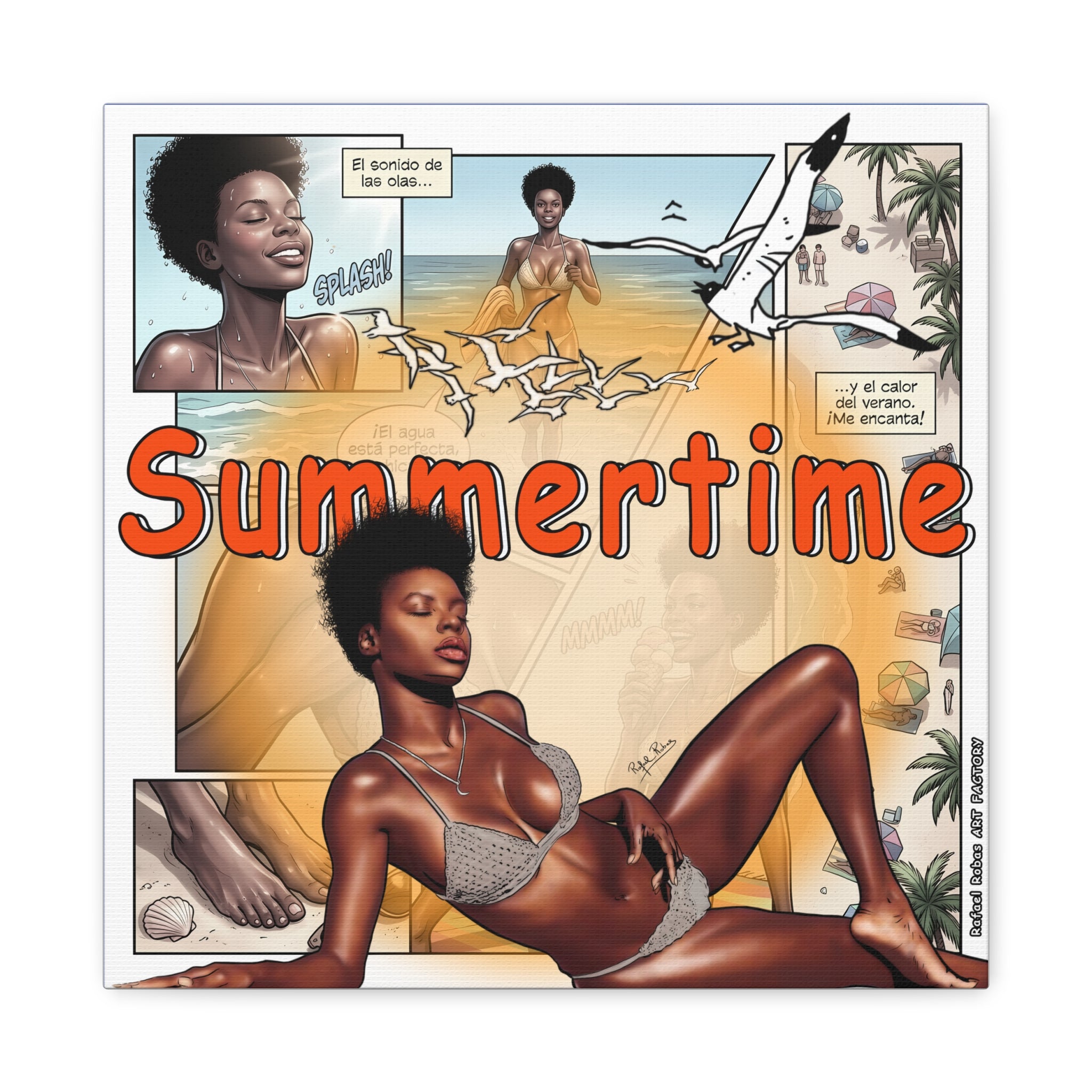 Summertime Beach Art Canvas - Retro Comic Afrocentric Pinup Wall Decor