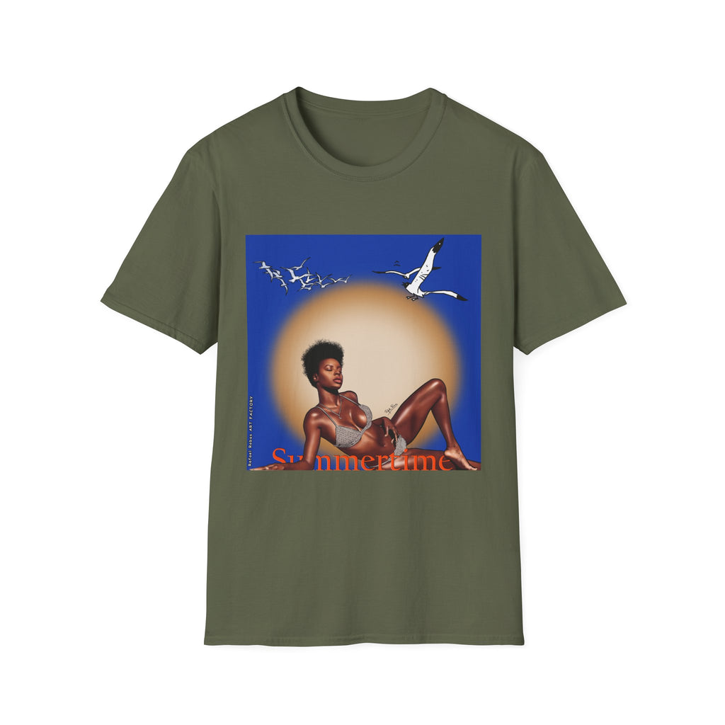 Graphic T-Shirt — Vintage Sun & Seagulls Beach Art (includes text)