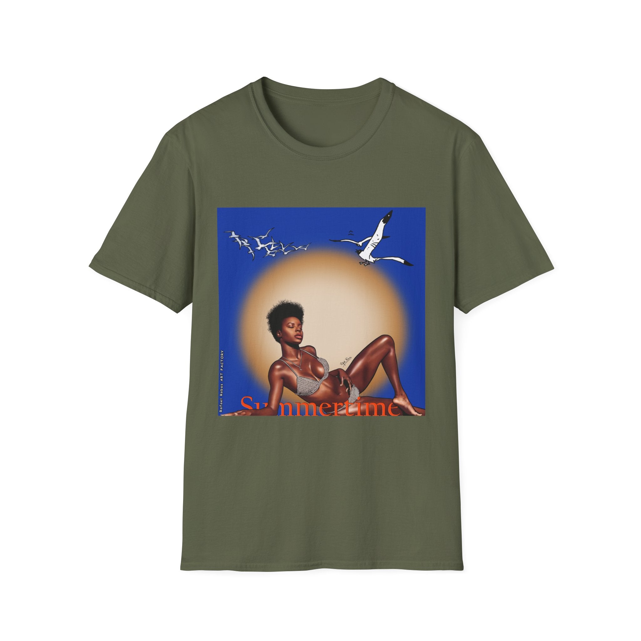 Graphic T-Shirt — Vintage Sun & Seagulls Beach Art (includes text)
