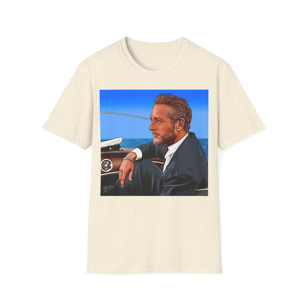 Classic Convertible Portrait T‑Shirt — Retro Gentleman Driving Design